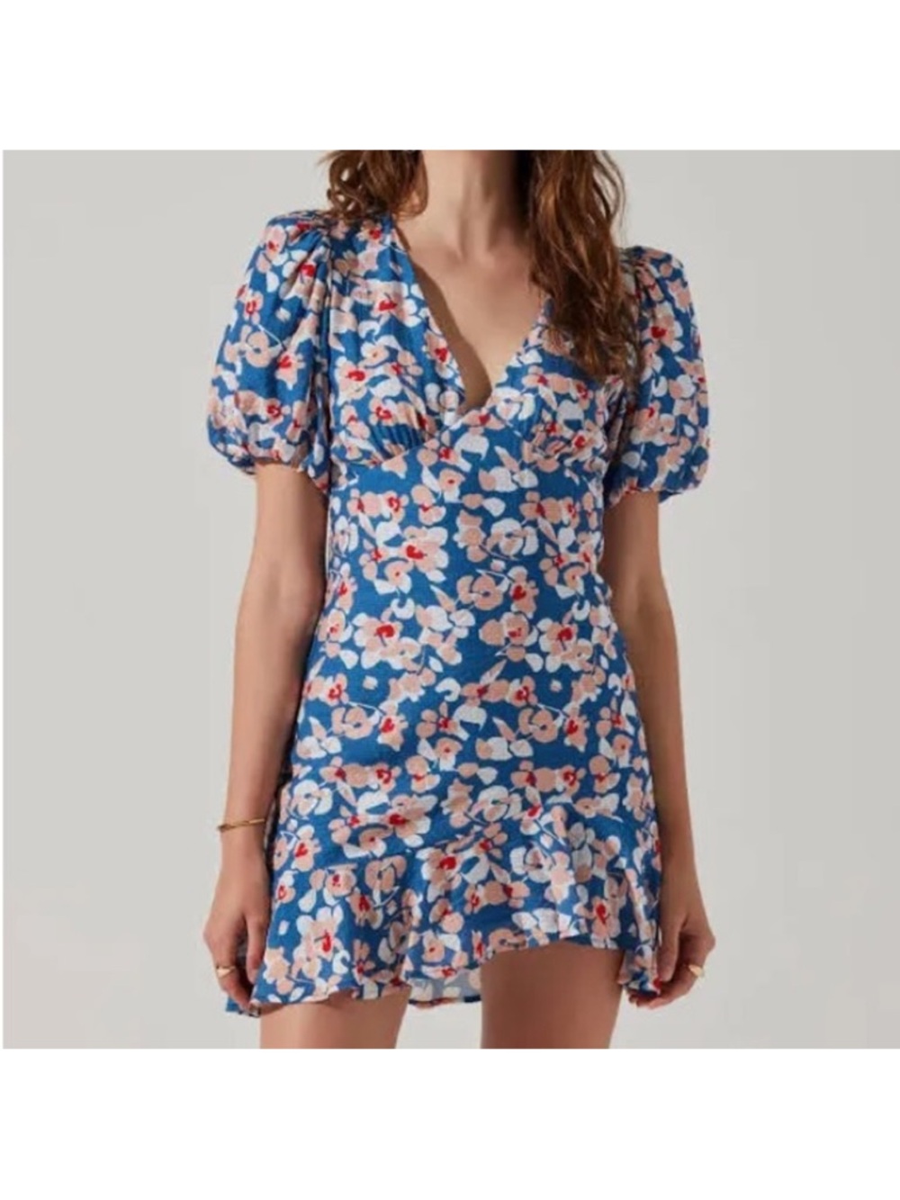 ASTR the Label  Blue Floral V-Neck Puff-Sleeve Mini Dress